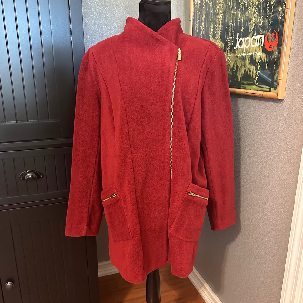 Bob Mackie Wearable Art Jacket Women XL Red Asymmetrical Zip Fleece Cozy